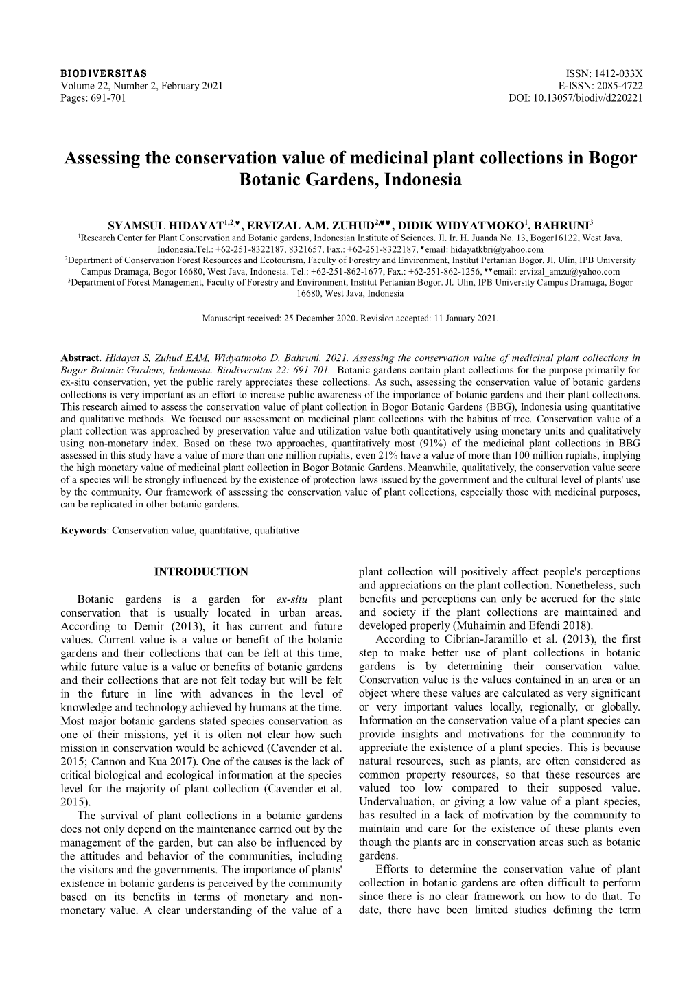 Assessing the Conservation Value of Medicinal Plant Collections in Bogor Botanic Gardens, Indonesia