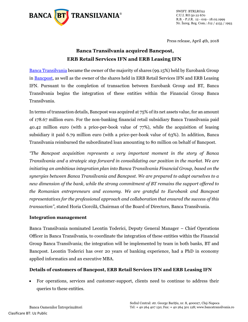 Banca Transilvania Acquired Bancpost, ERB Retail Services IFN and ERB Leasing IFN