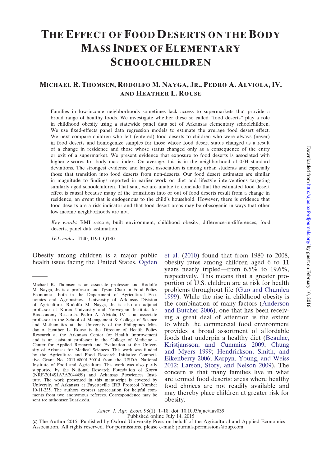 The Effect of Food Deserts on the Body Mass Index of Elementary Schoolchildren