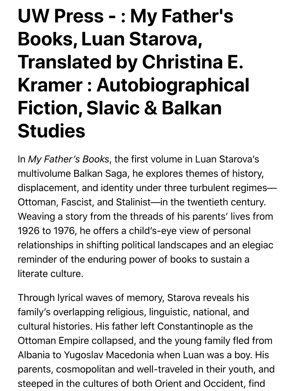 UW Press - : My Father's Books, Luan Starova, Translated by Christina E