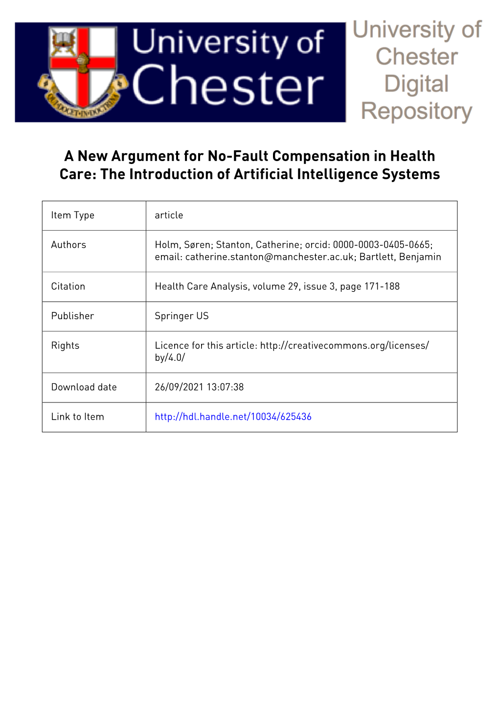 A New Argument for No-Fault Compensation in Health Care: the Introduction of Artificial Intelligence Systems