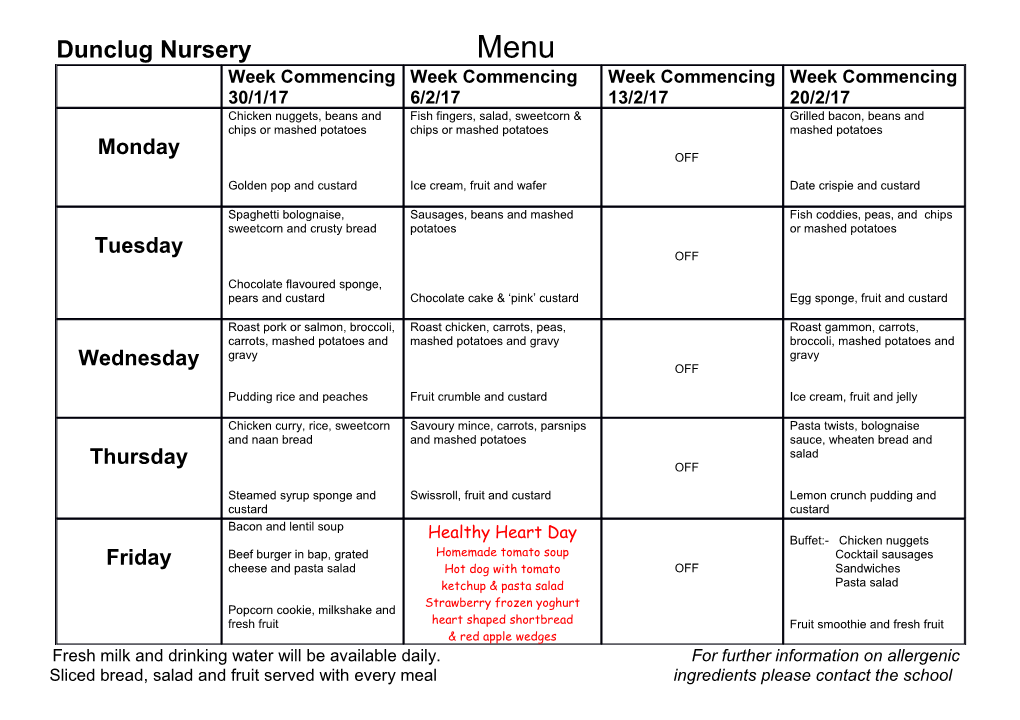 D Dunclug Nursery Special Menu for Milk Free Diet