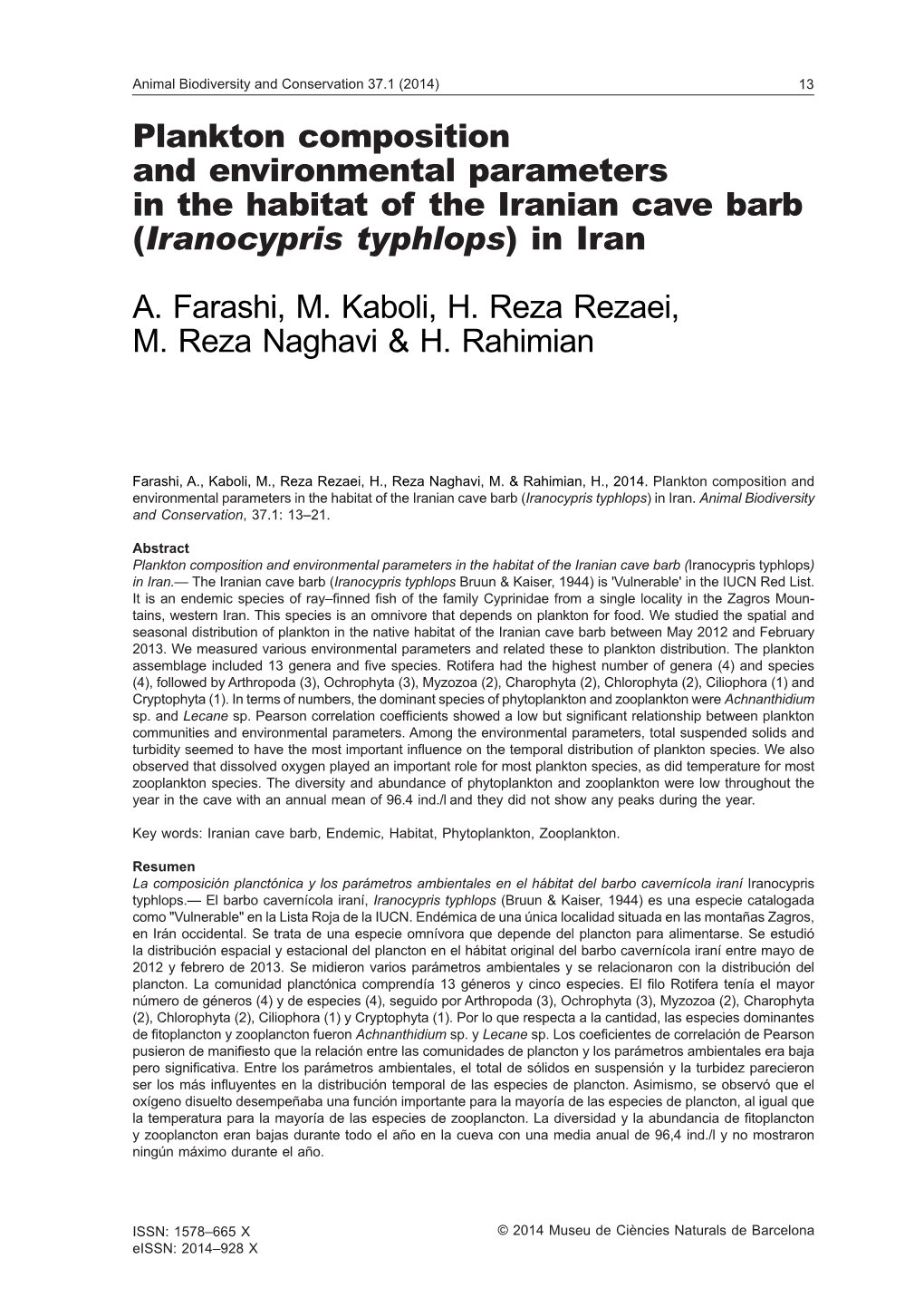 Plankton Composition and Environmental Parameters in the Habitat of the Iranian Cave Barb (Iranocypris Typhlops) in Iran
