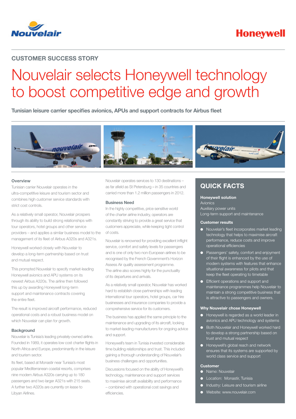 Nouvelair Selects Honeywell Technology to Boost Competitive Edge and Growth
