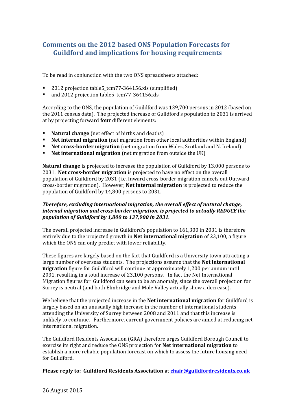 Comments on the 2012 Based ONS Population Forecasts for Guildford and Implications For