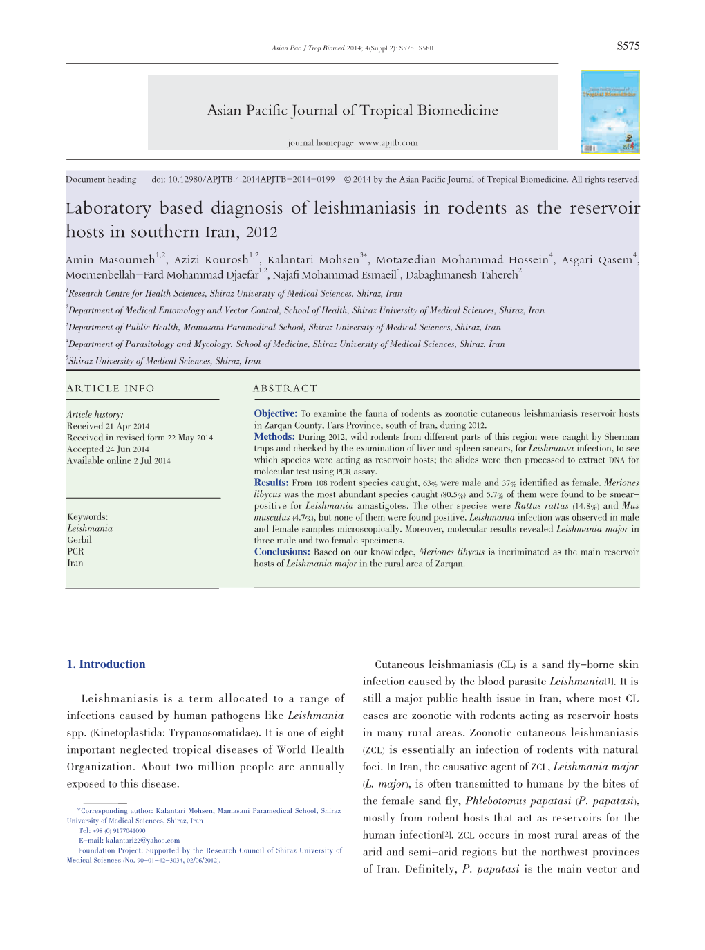 Laboratory Based Diagnosis of Leishmaniasis in Rodents As the Reservoir Hosts in Southern Iran, 2012