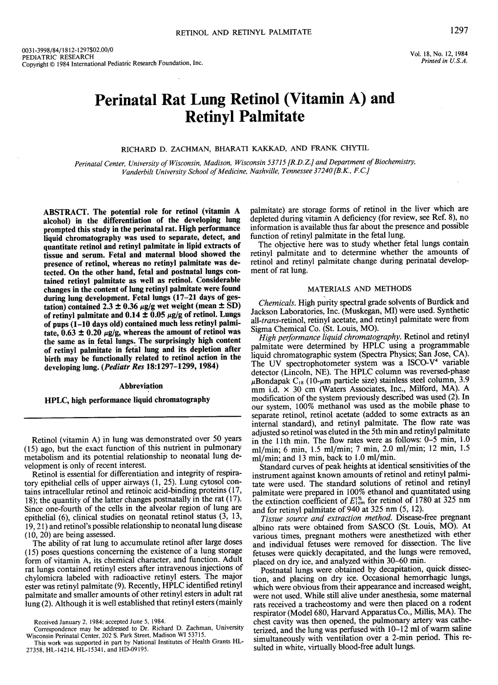 Perinatal Rat Lung Retinol (Vitamin A) and Retinyl Palmitate