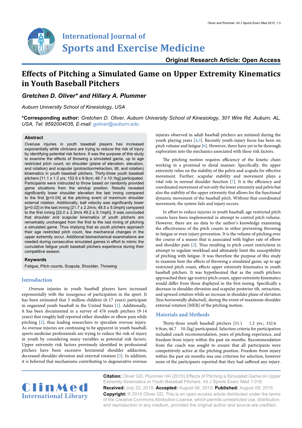 Effects of Pitching a Simulated Game on Upper Extremity Kinematics in Youth Baseball Pitchers Gretchen D