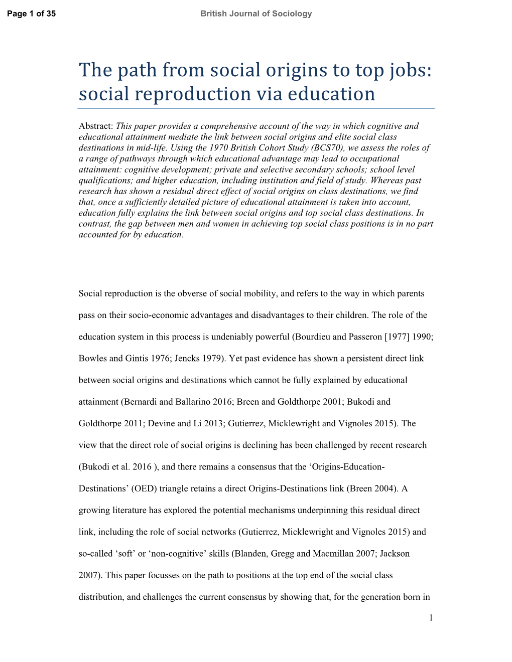 Social Reproduction Via Education