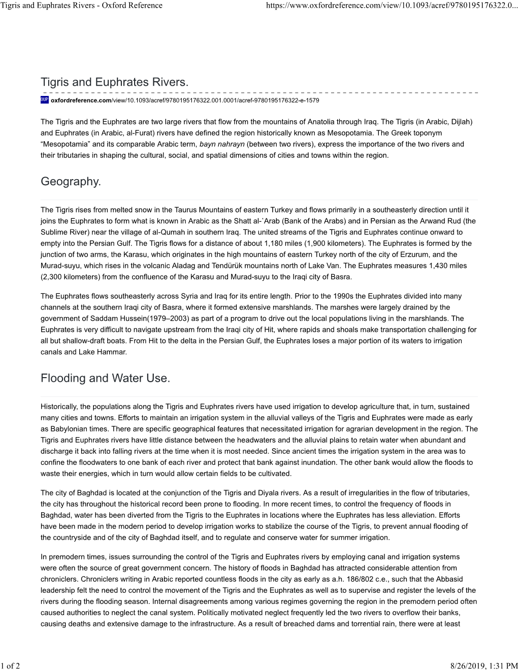 Tigris and Euphrates Rivers - Oxford Reference