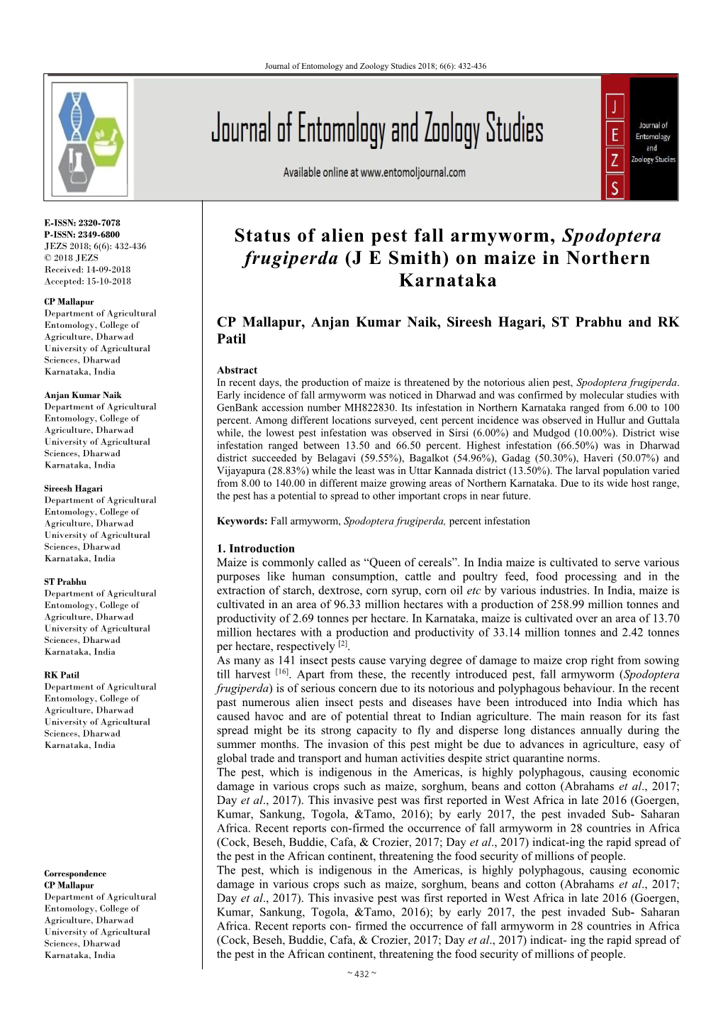 Status of Alien Pest Fall Armyworm, Spodoptera Frugiperda