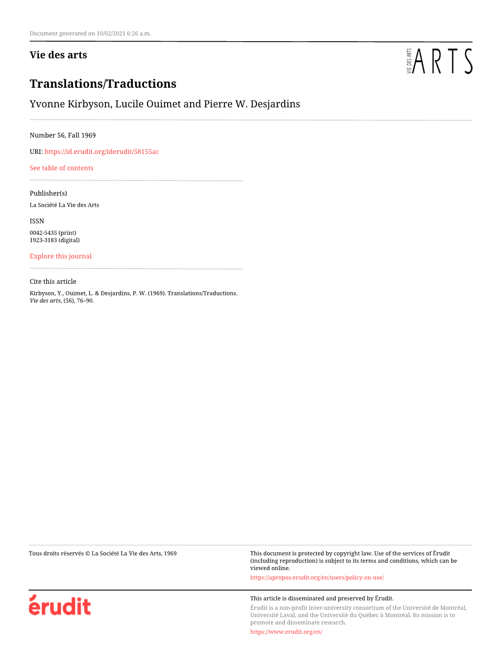 Translations/Traductions Yvonne Kirbyson, Lucile Ouimet and Pierre W