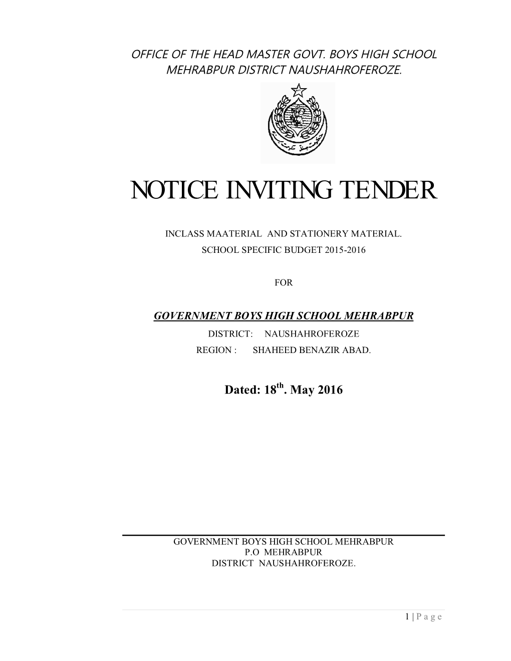 Notice Inviting Tender