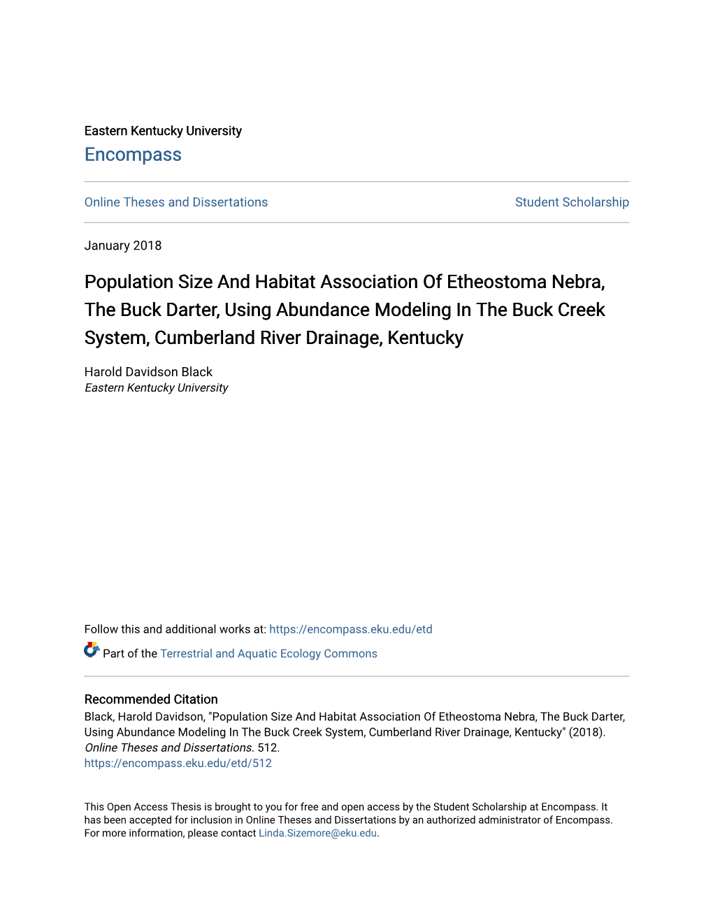 Population Size and Habitat Association of Etheostoma Nebra, the Buck Darter, Using Abundance Modeling in the Buck Creek System, Cumberland River Drainage, Kentucky