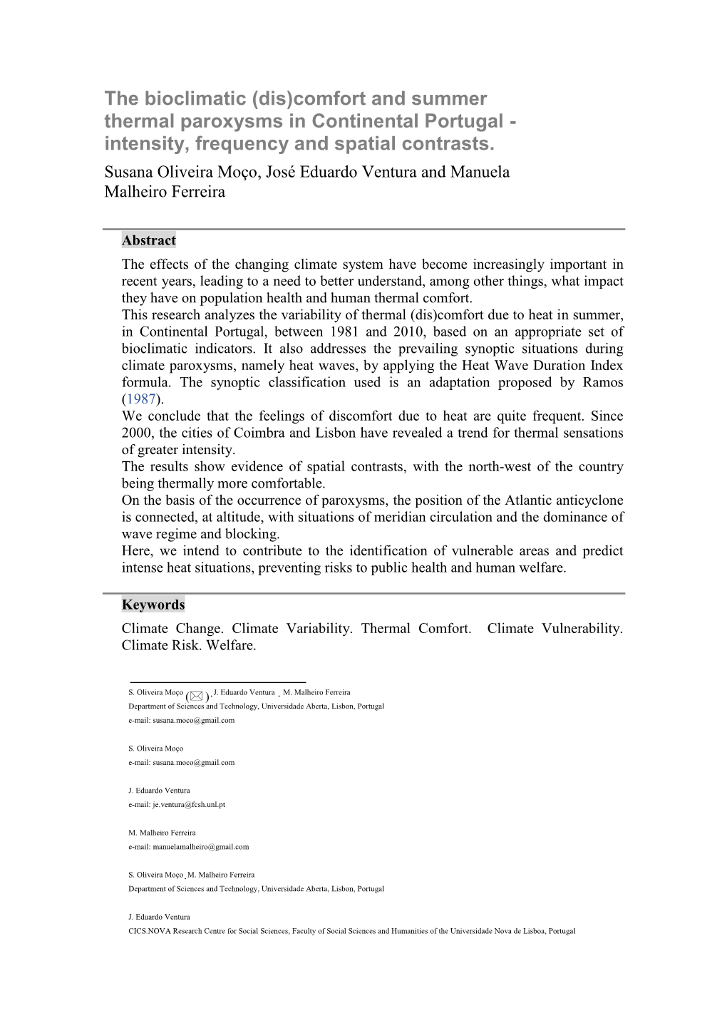 Comfort and Summer Thermal Paroxysms in Continental Portugal - Intensity, Frequency and Spatial Contrasts