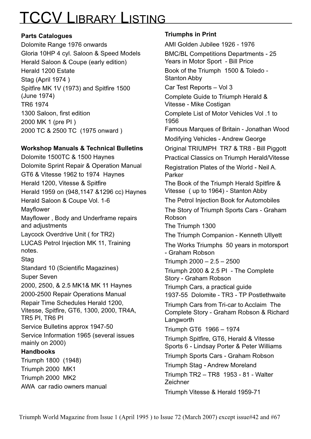 TCCV Library Listing Parts Catalogues Triumphs in Print Dolomite Range 1976 Onwards AMI Golden Jubilee 1926 - 1976 Gloria 10HP 4 Cyl