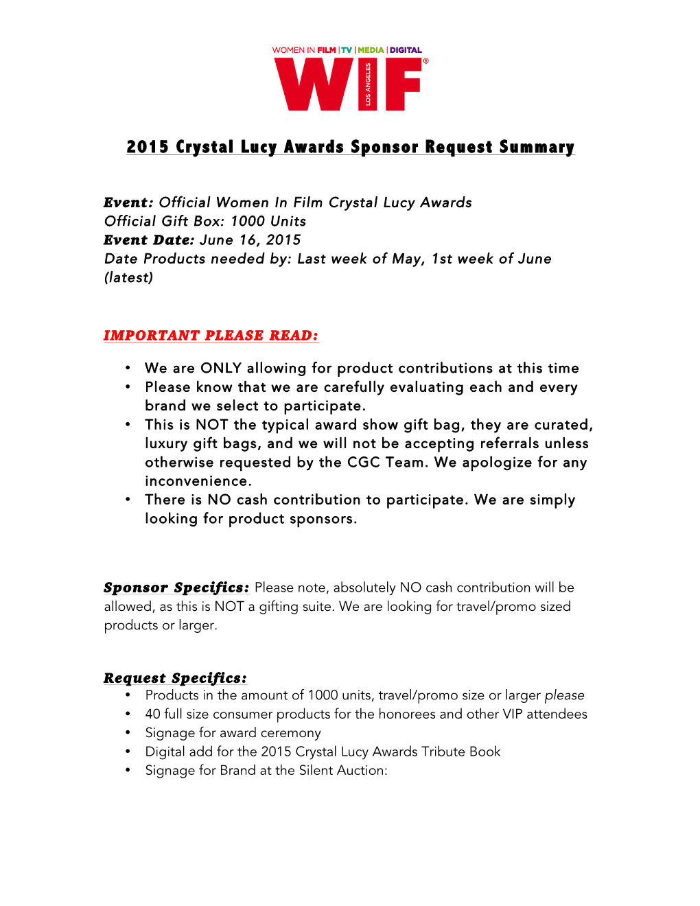 2015 Crystal Lucy Awards Sponsor Request Summary