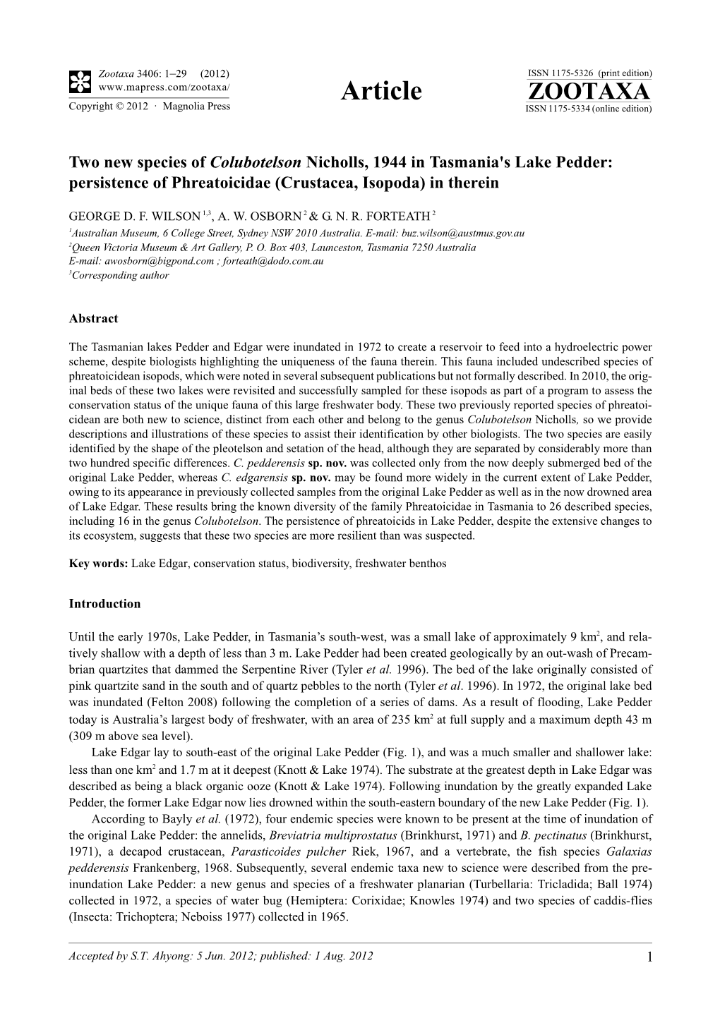 Two New Species of Colubotelson Nicholls, 1944 in Tasmania's Lake Pedder: Persistence of Phreatoicidae (Crustacea, Isopoda) in Therein