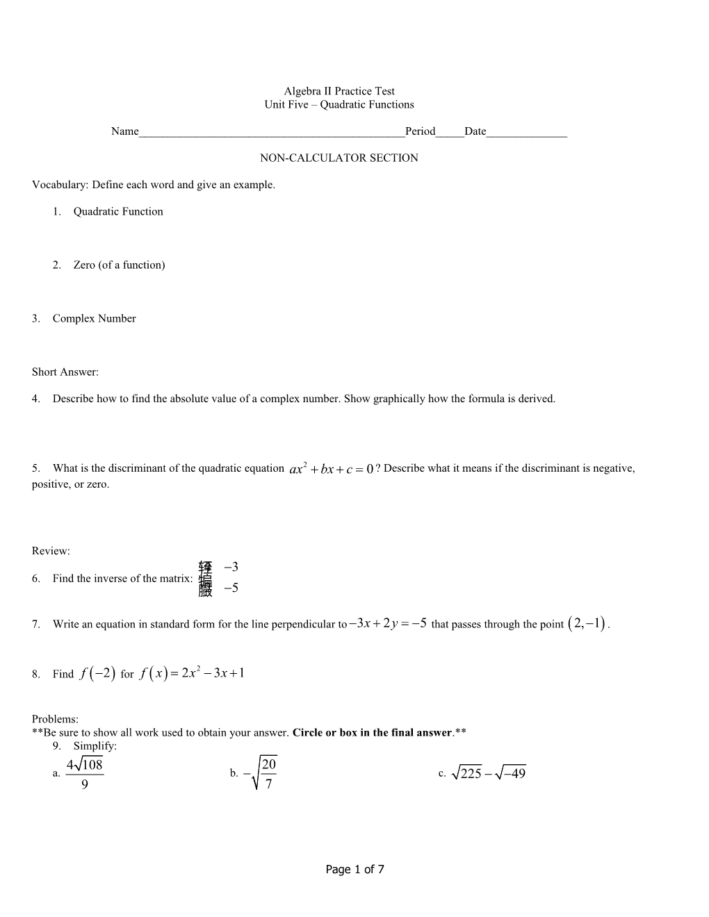 Unit Five Quadratic Functions