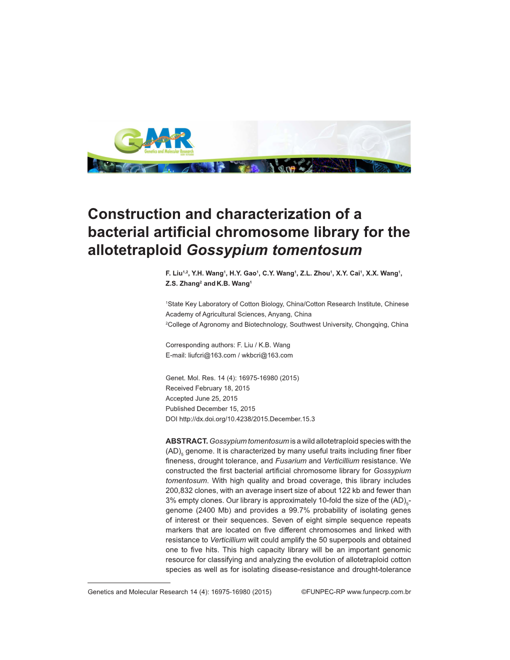 Construction and Characterization of a Bacterial Artificial Chromosome Library for the Allotetraploid Gossypium Tomentosum