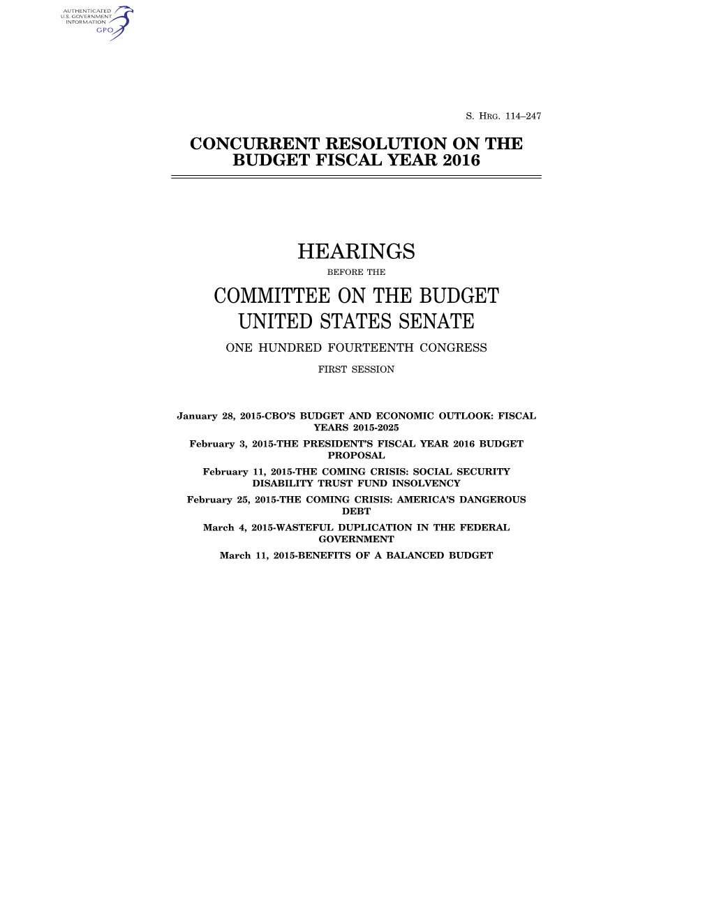 Hearings Committee on the Budget United States Senate