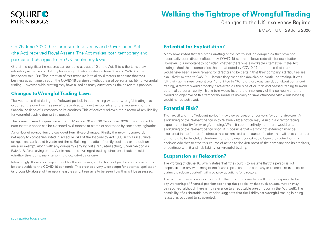 Wrongful Trading Changes to the UK Insolvency Regime EMEA – UK – 29 June 2020