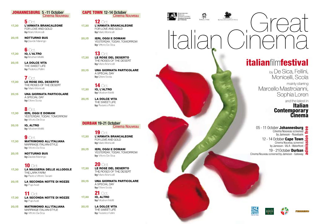 Italianfilmfestival by Federico Fellini 20,15 UNA GIORNATA PARTICOLARE a Special Day by De Sica, Fellini, 7 Oct