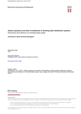 Asellus Aquaticus and Other Invertebrates in Drinking Water Distribution Systems