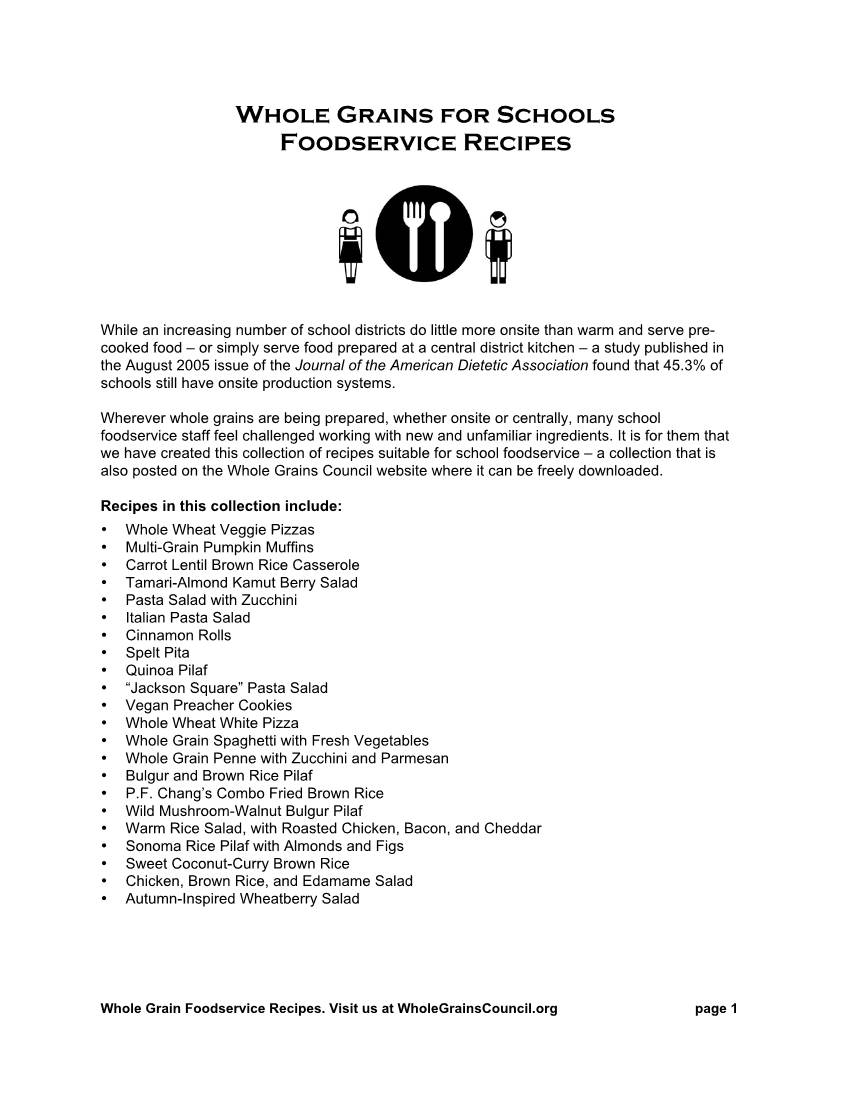 Whole Grains for Schools Foodservice Recipes