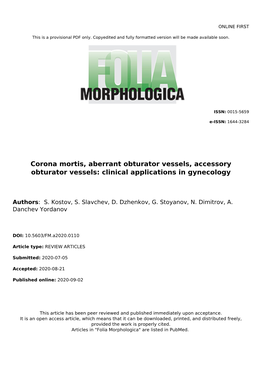 Corona Mortis, Aberrant Obturator Vessels, Accessory Obturator Vessels: Clinical Applications in Gynecology