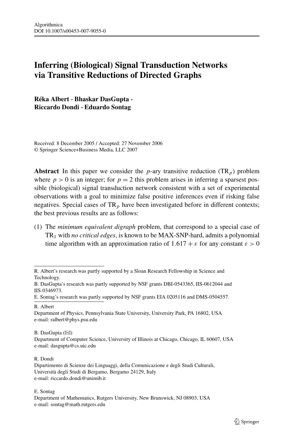 Signal Transduction Networks Via Transitive Reductions of Directed Graphs