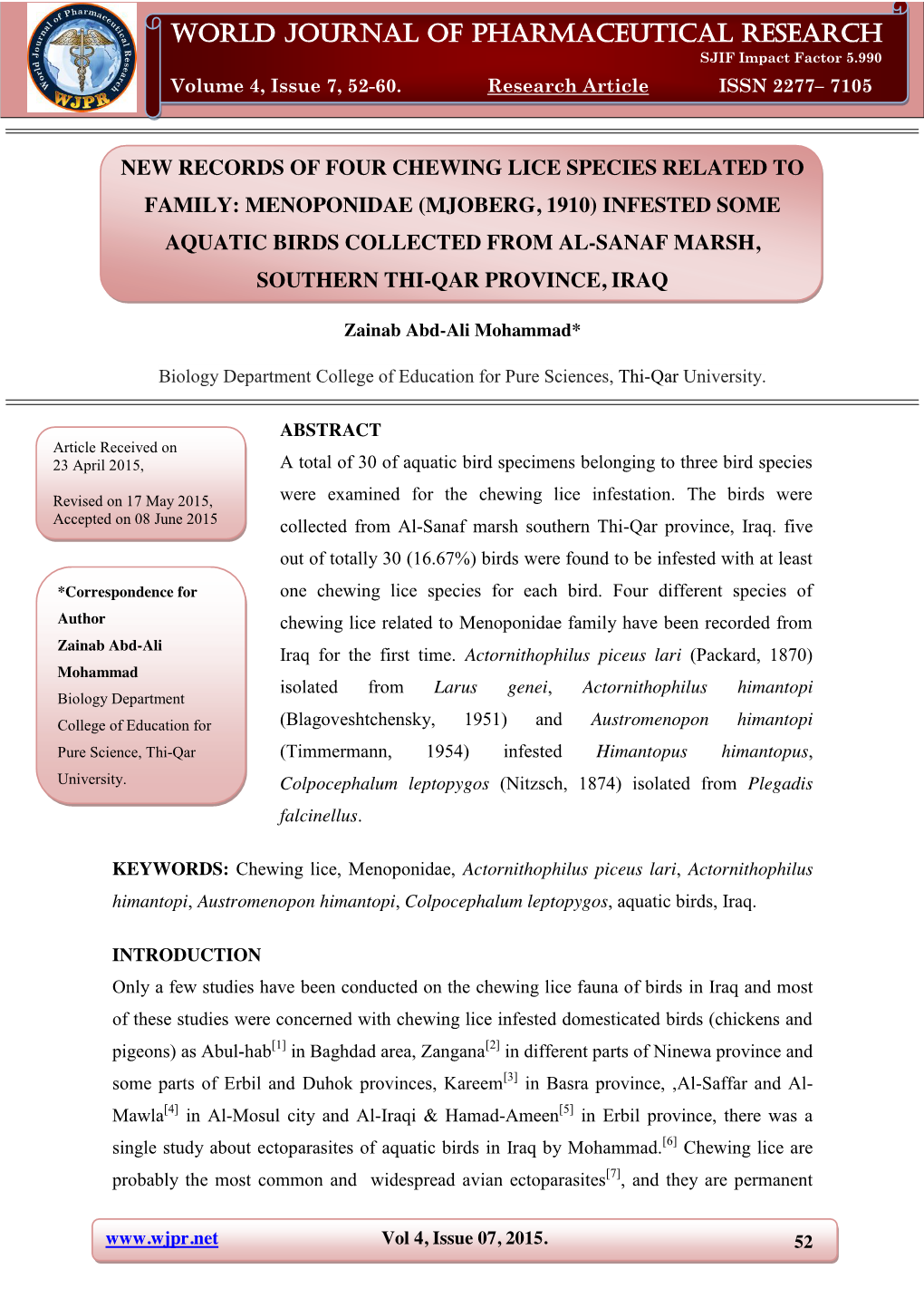 World Journal of Pharmaceutical Research Mohamma D World Journal of Pharmaceutical SJIF Impact Research Factor 5.990