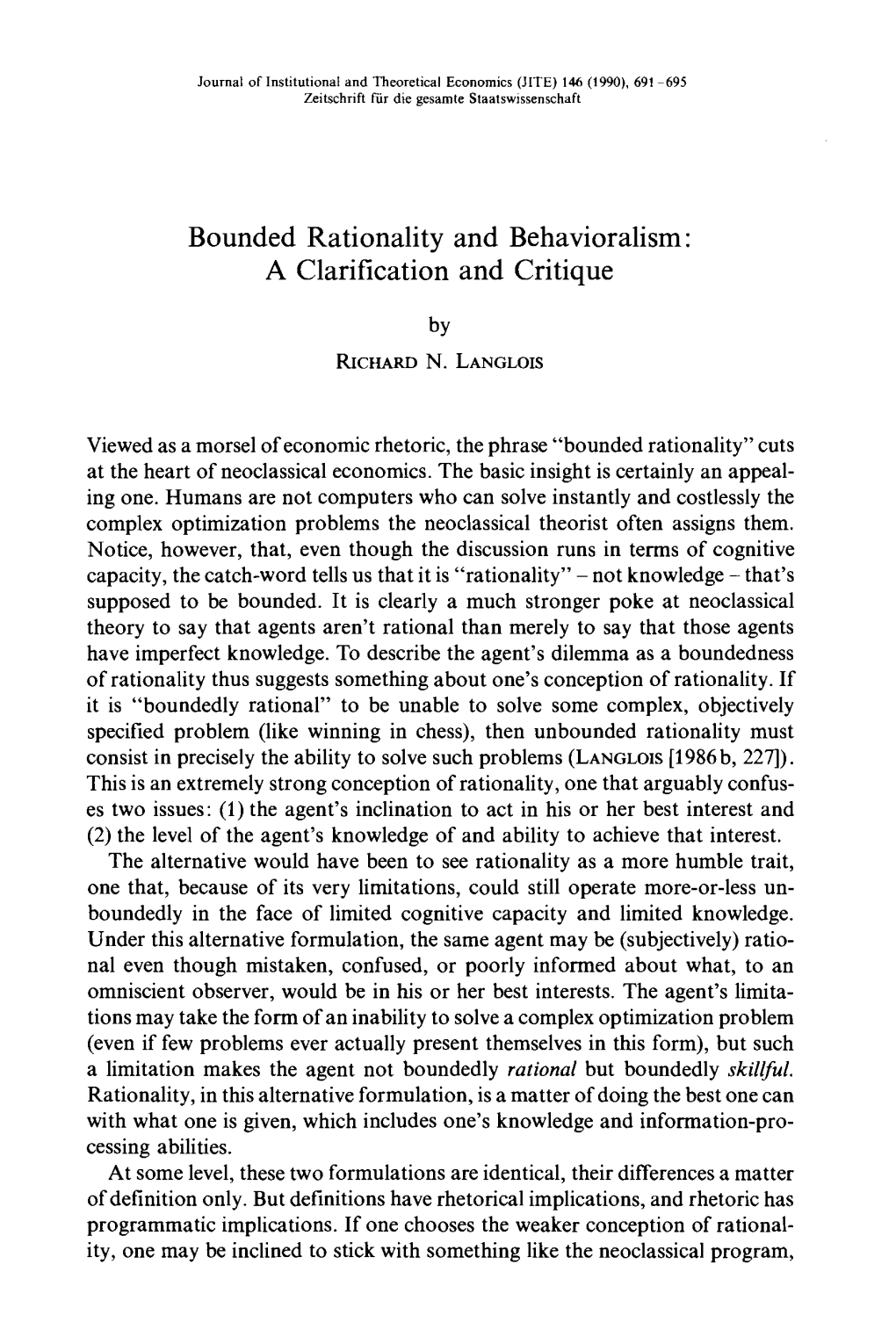 Bounded Rationality and Behavioralism: a Clarification and Critique