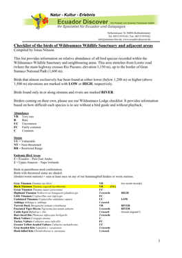 Checklist of the Birds of Wildsumaco Wildlife Sanctuary and Adjacent Areas Compiled by Jonas Nilsson