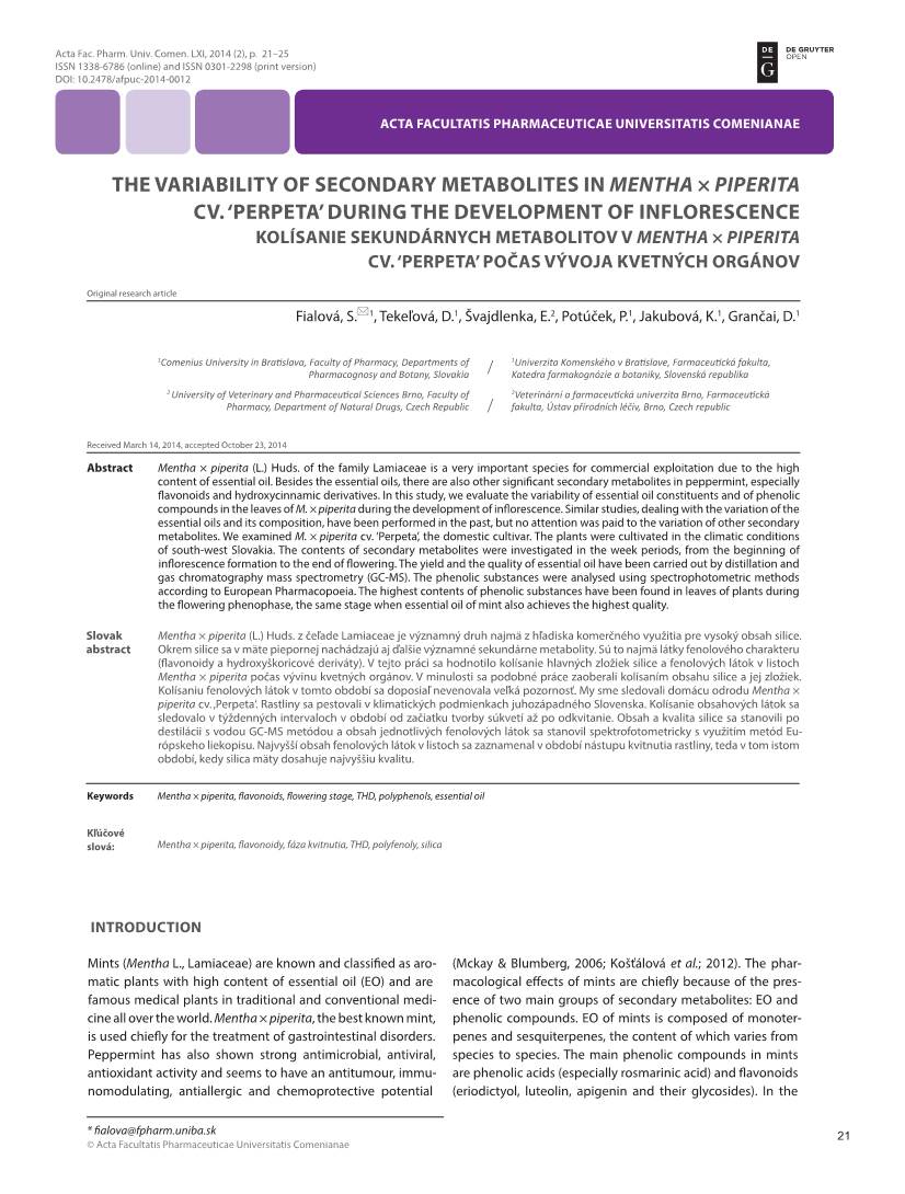 THE VARIABILITY of SECONDARY METABOLITES in MENTHA × PIPERITA Cv