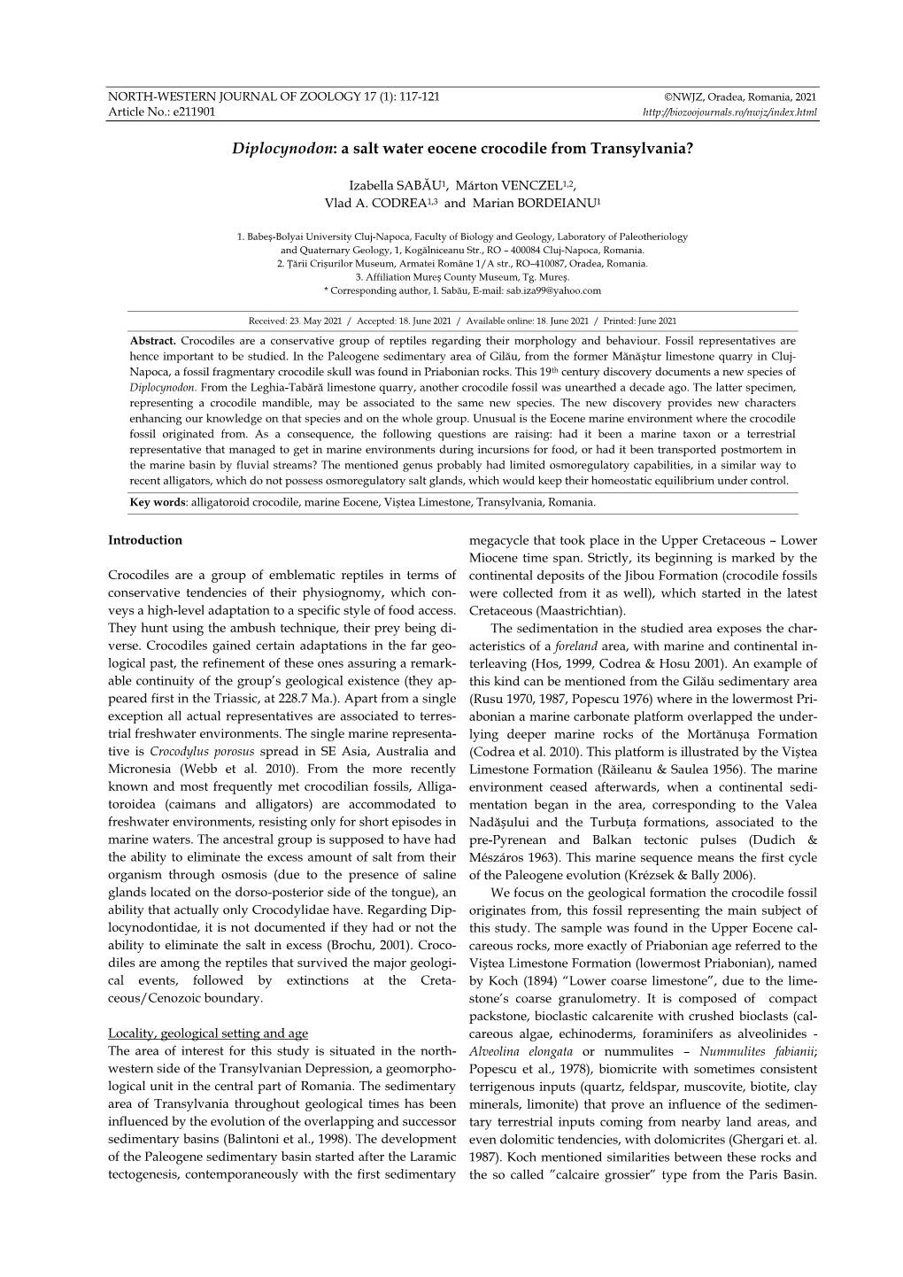 Diplocynodon: a Salt Water Eocene Crocodile from Transylvania?