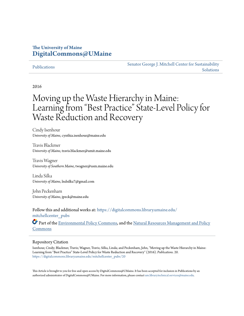 Moving up the Waste Hierarchy in Maine: Learning from “Best Practice” State-Level Policy for Waste Reduction and Recovery