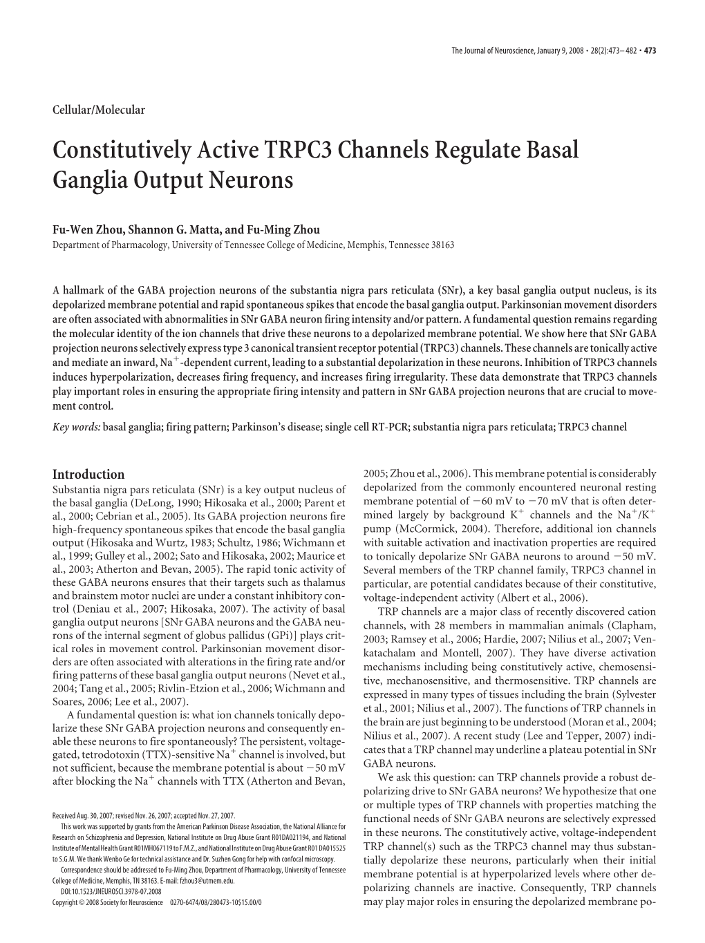 Constitutively Active TRPC3 Channels Regulate Basal Ganglia Output Neurons