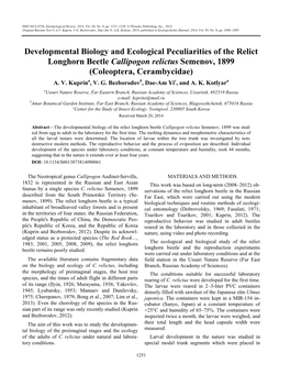 Developmental Biology and Ecological Peculiarities of the Relict Longhorn Beetle Callipogon Relictus Semenov, 1899 (Coleoptera, Cerambycidae) A