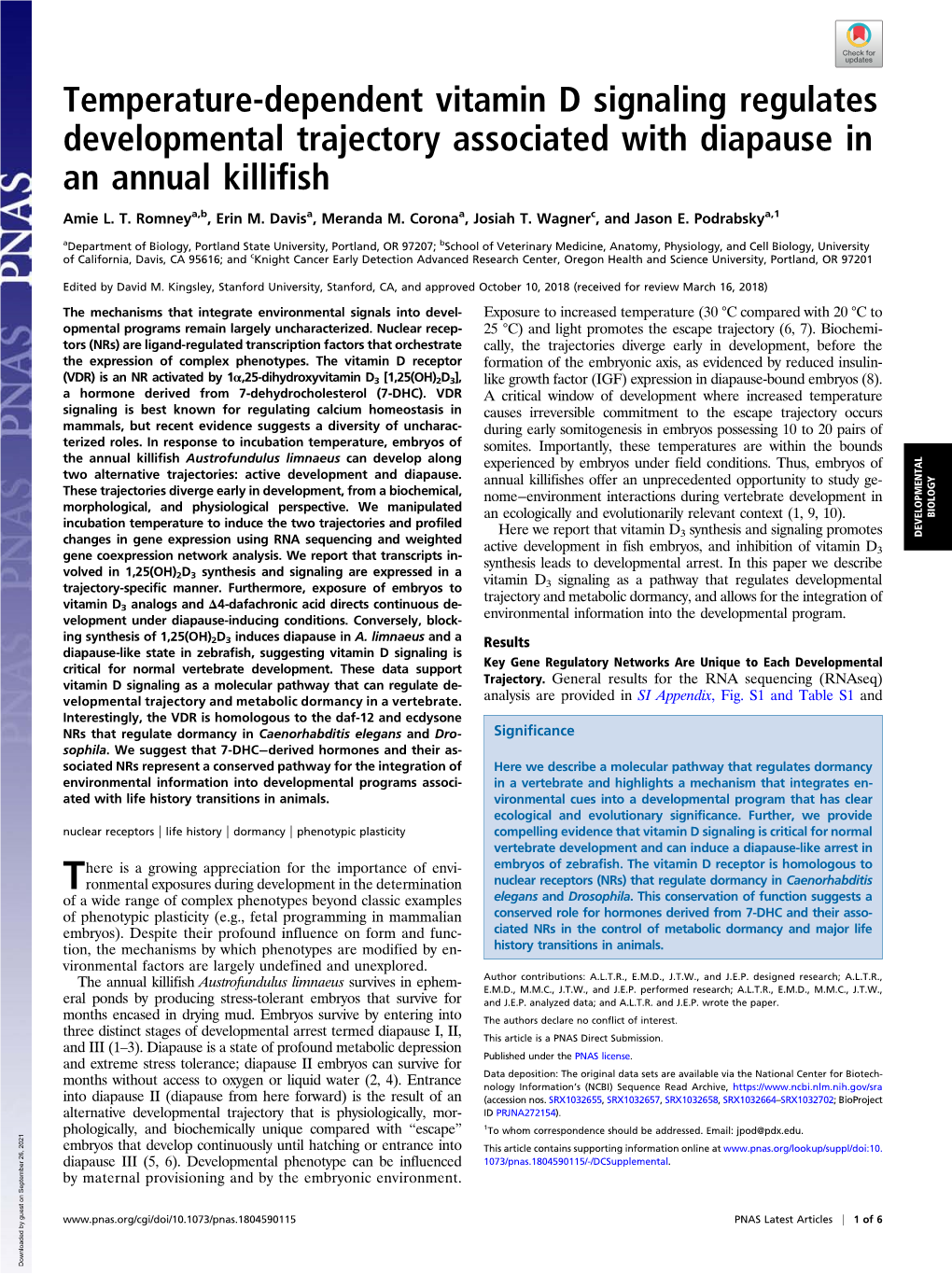 Temperature-Dependent Vitamin D Signaling Regulates Developmental Trajectory Associated with Diapause in an Annual Killifish