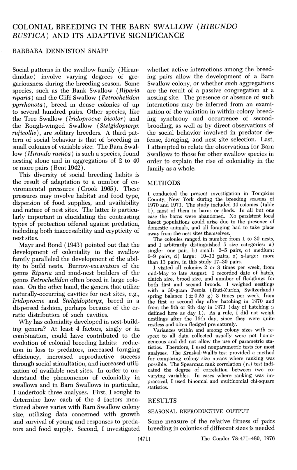 Colonial Breeding in the Barn Swallow (Hirundo Rustica) and Its Adaptive Significance