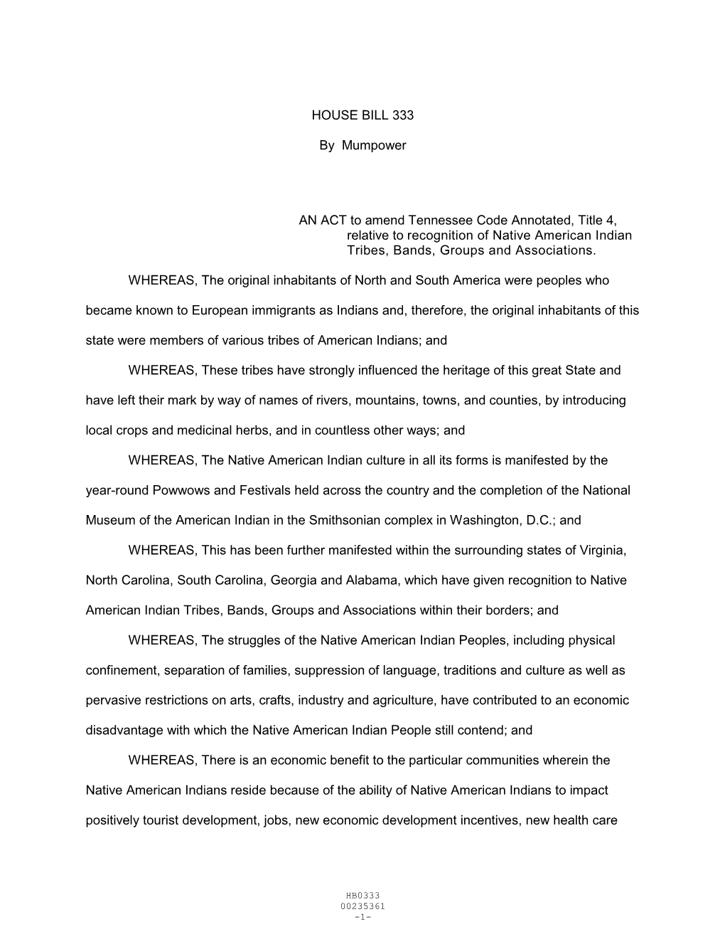 HOUSE BILL 333 by Mumpower an ACT to Amend Tennessee Code