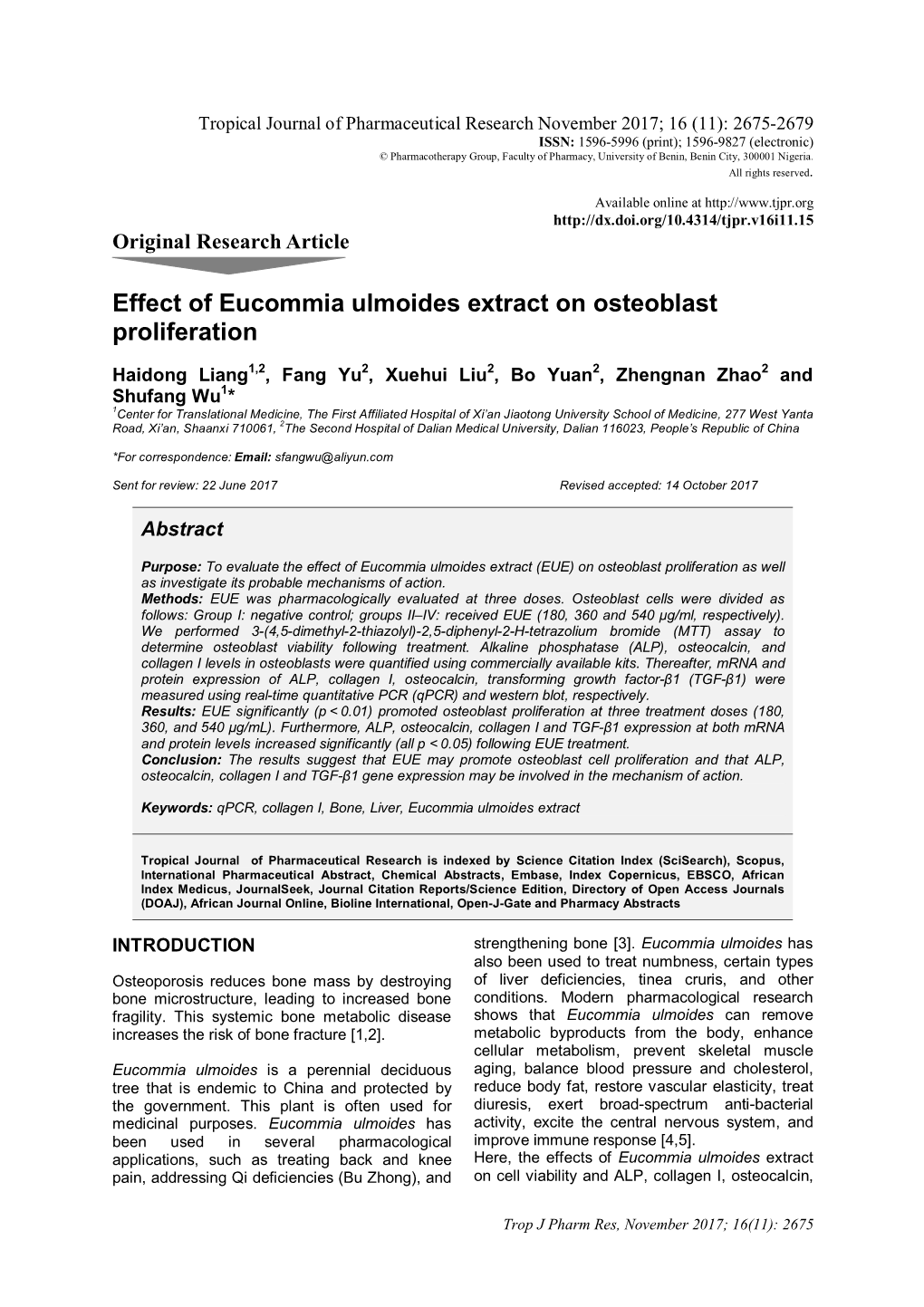 Effect of Eucommia Ulmoides Extract on Osteoblast Proliferation