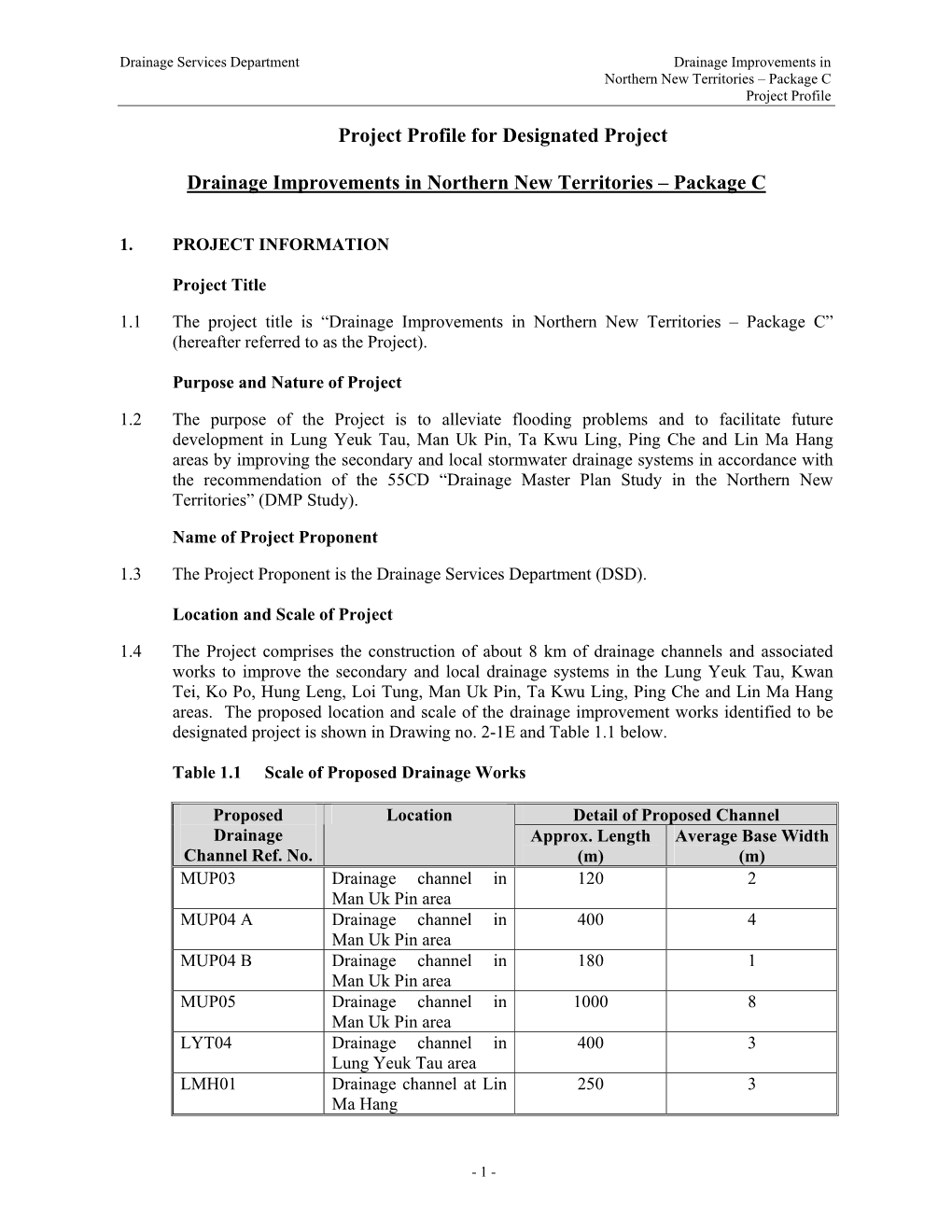 Project Profile for Designated Project Drainage Improvements in Northern