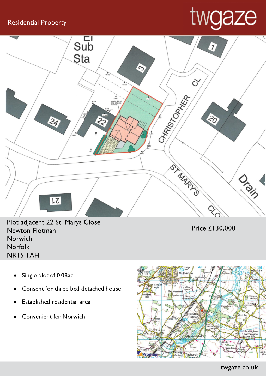 Plot Adjacent 22 St. Marys Close Newton Flotman Norwich Norfolk NR15 1AH Price £130000 Twgaze.Co.Uk