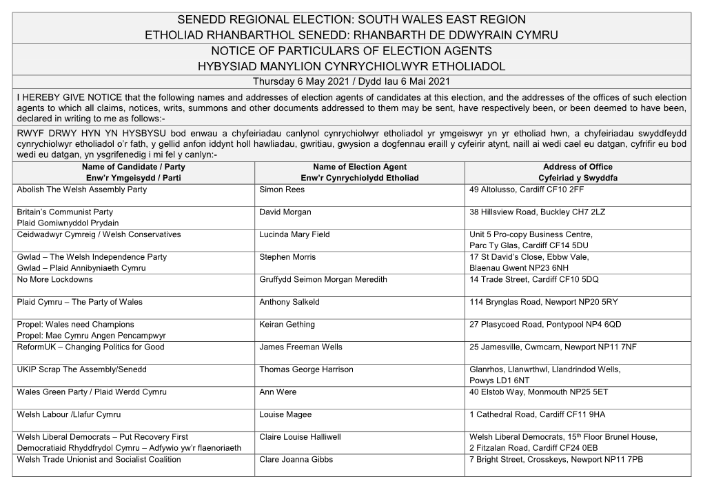 Senedd Regional Election: South Wales East Region