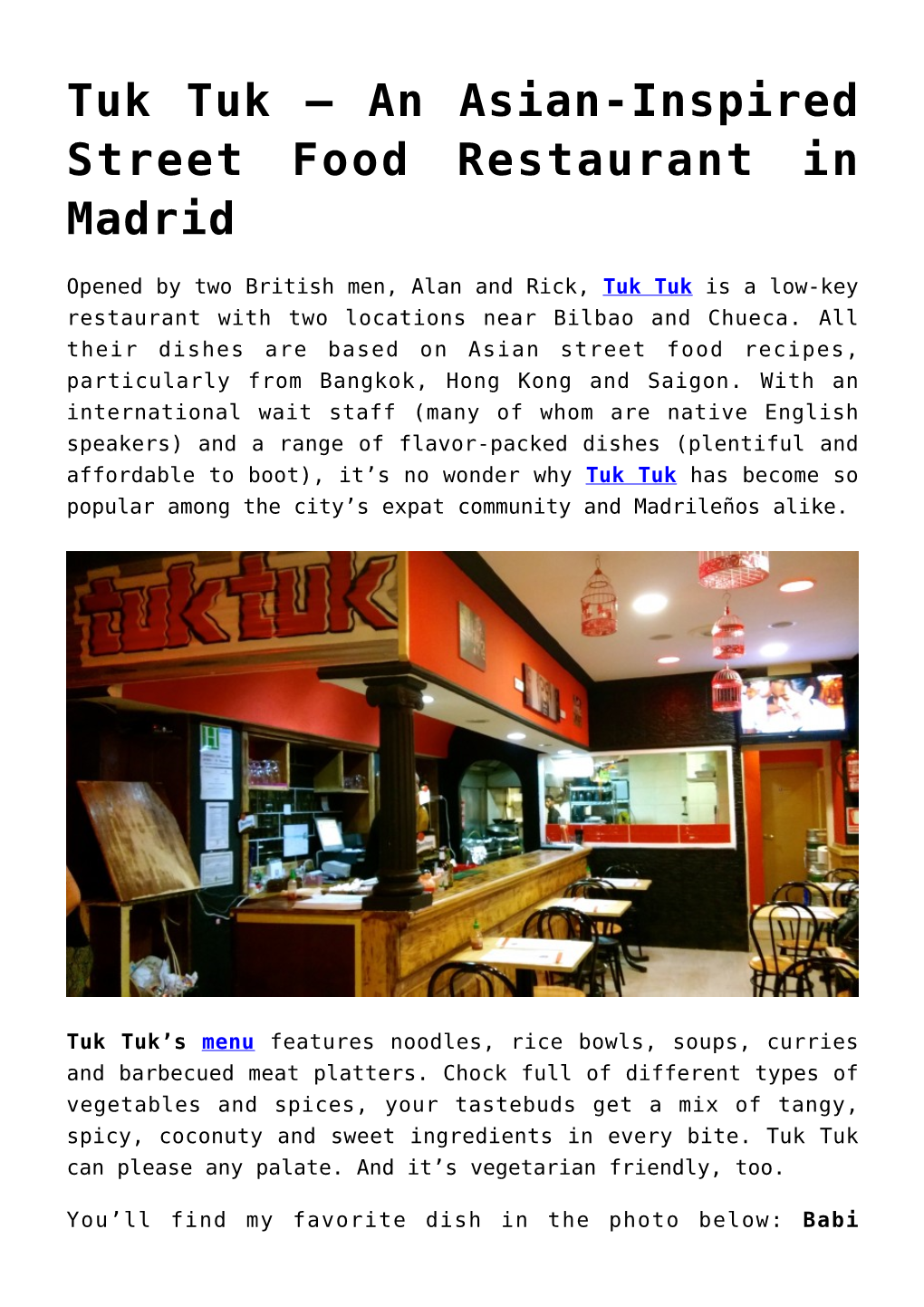 Tuk Tuk – an Asian-Inspired Street Food Restaurant in Madrid