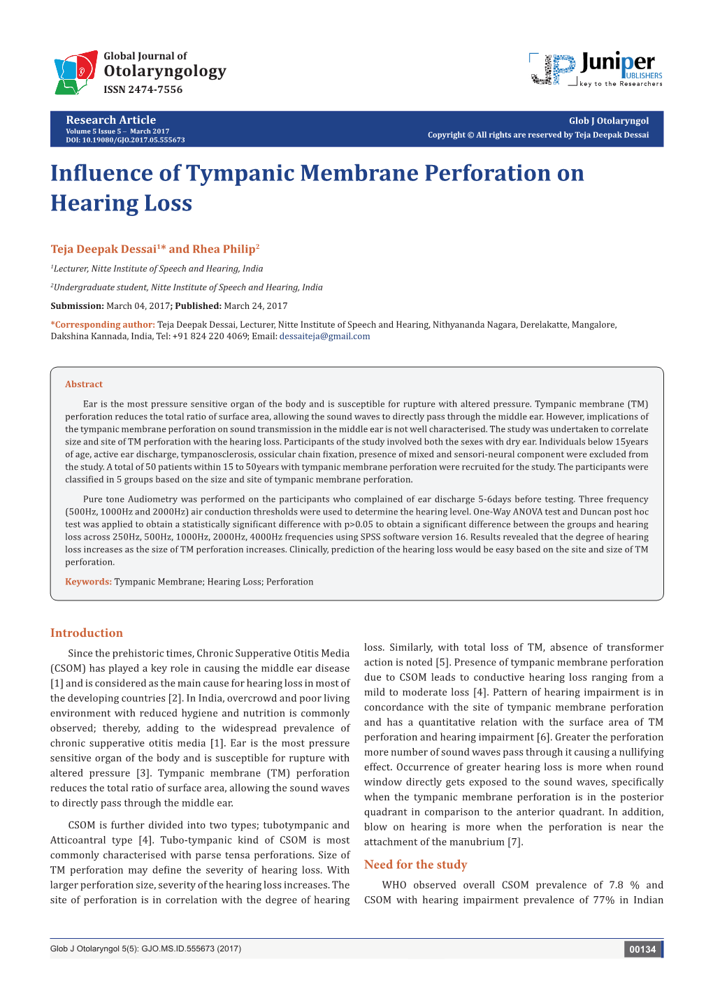 Influence of Tympanic Membrane Perforation on Hearing Loss