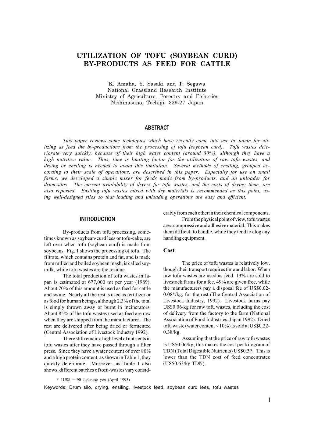 Utilization of Tofu (Soybean Curd) By-Products As Feed for Cattle