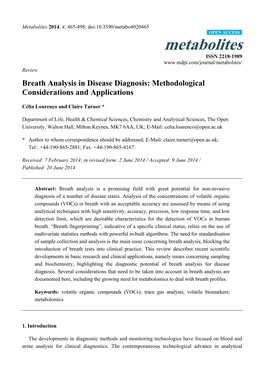 Breath Analysis in Disease Diagnosis: Methodological Considerations and Applications